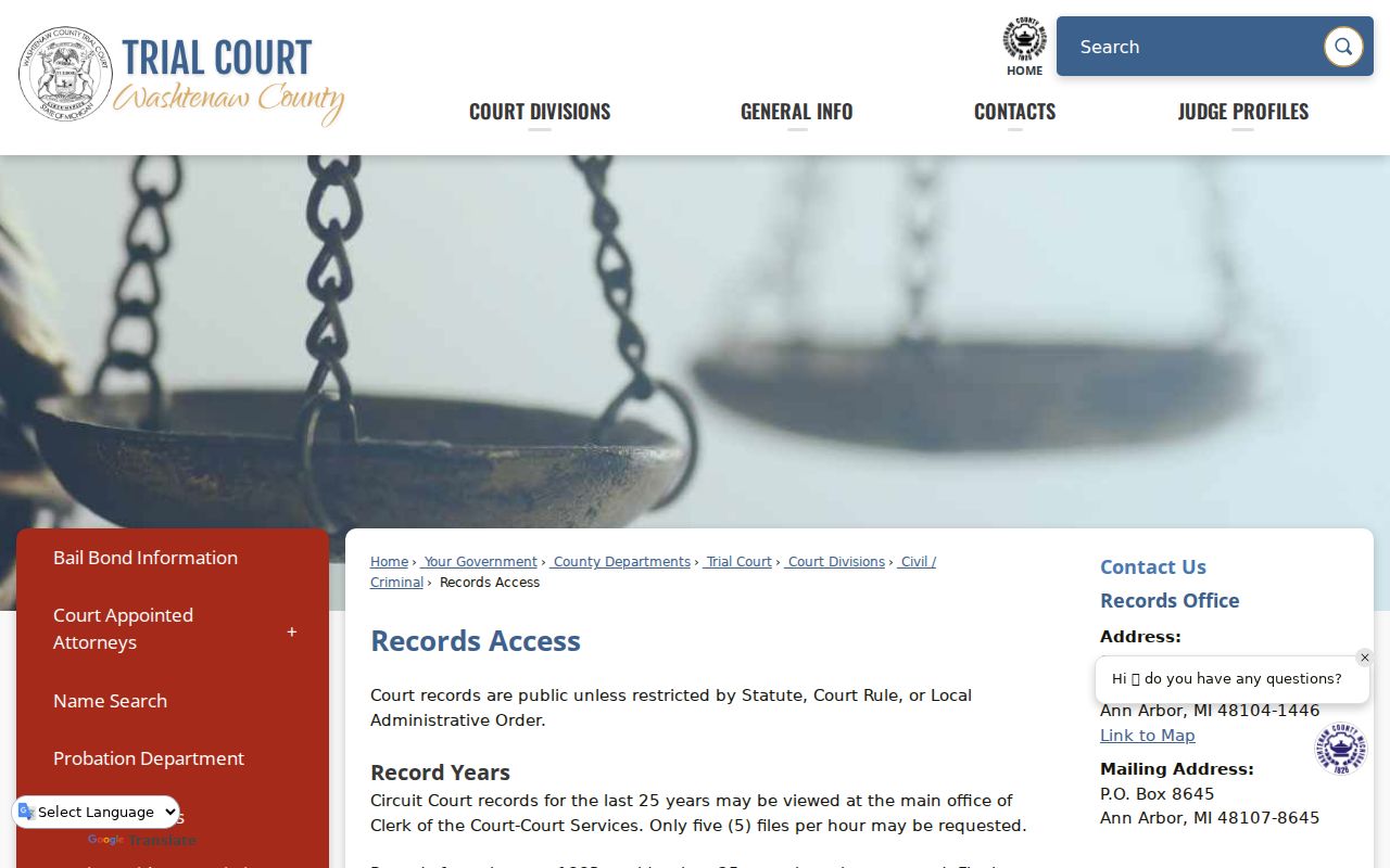 Washtenaw County municipal court warrant records access information