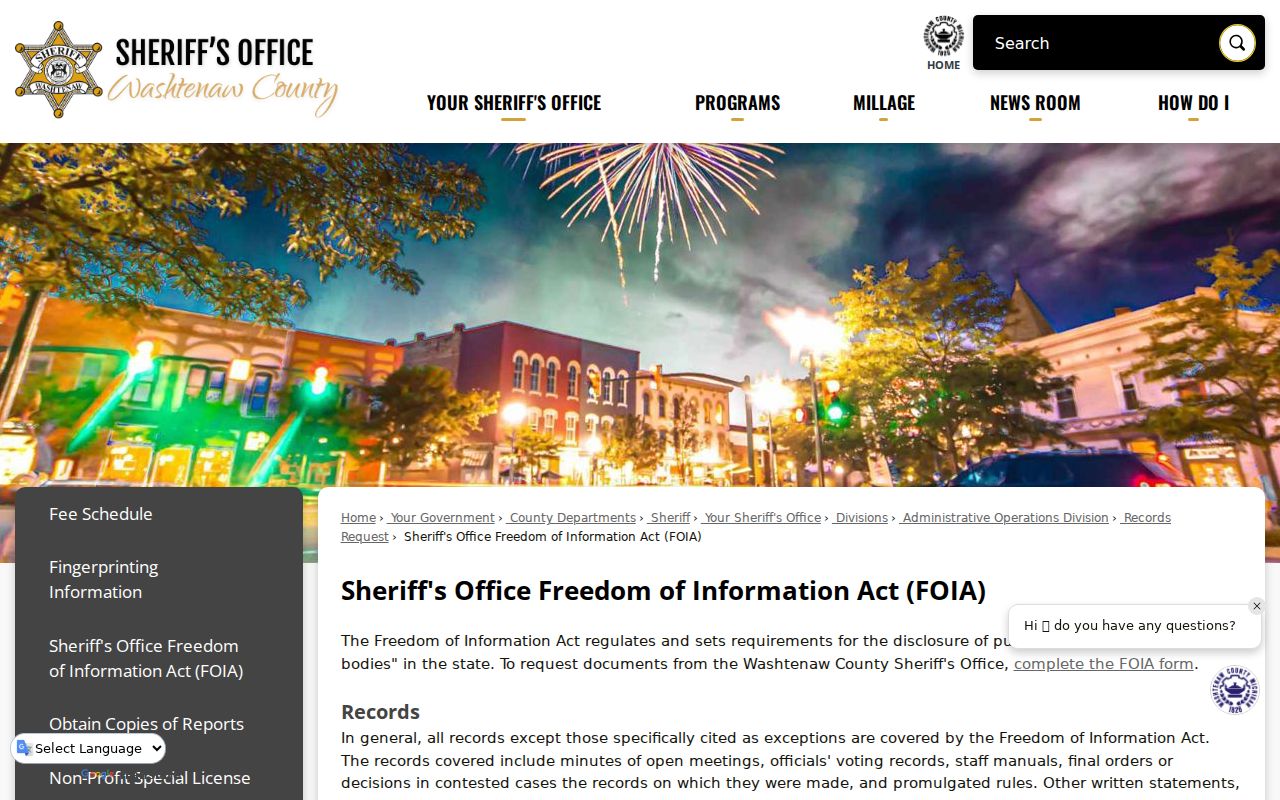 Washtenaw County arrest warrant records request page from the Sheriff's Office