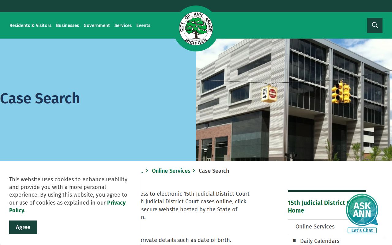 Washtenaw County 15th District Court case search page for warrant record lookups