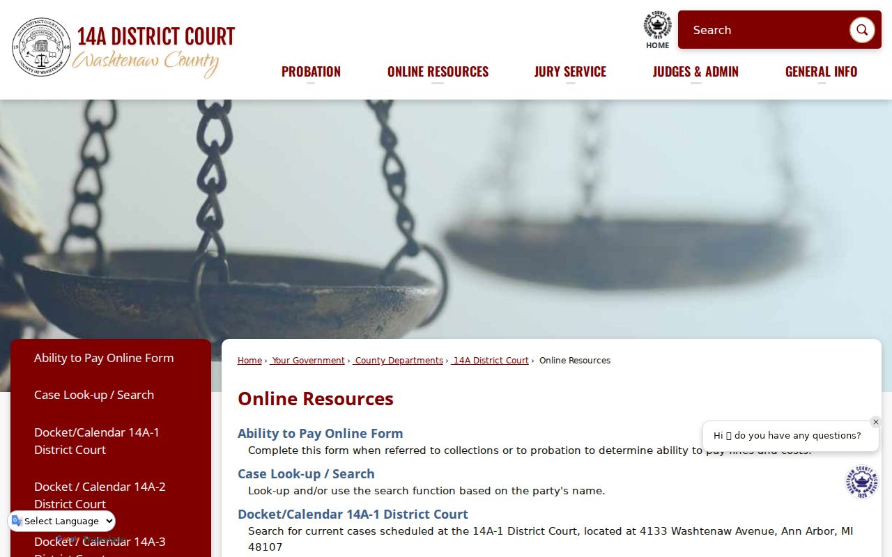 Washtenaw County 14A court online resources page with warrant and case search links