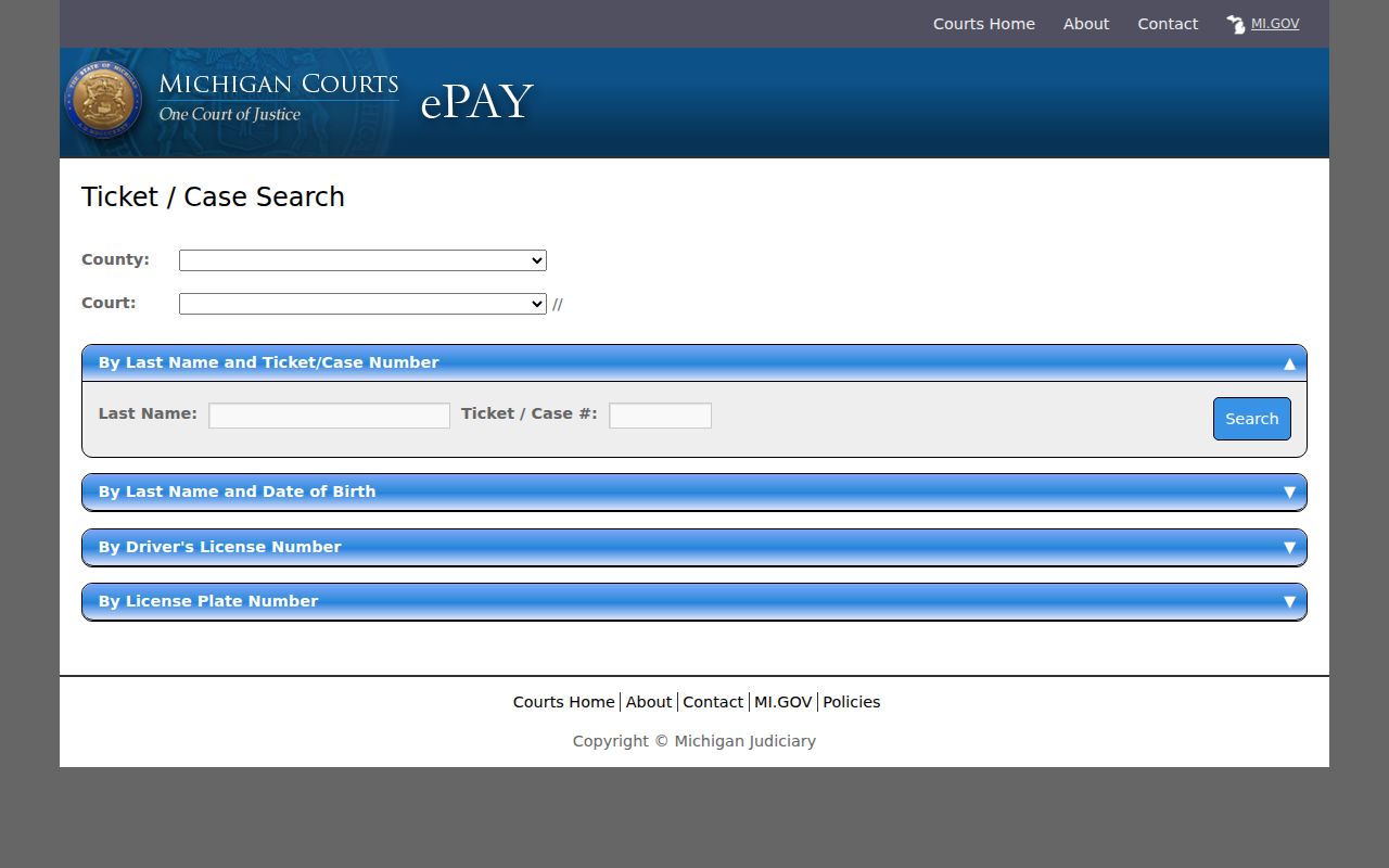 Michigan ePAY ticket and case search fields used for Washtenaw County warrant records